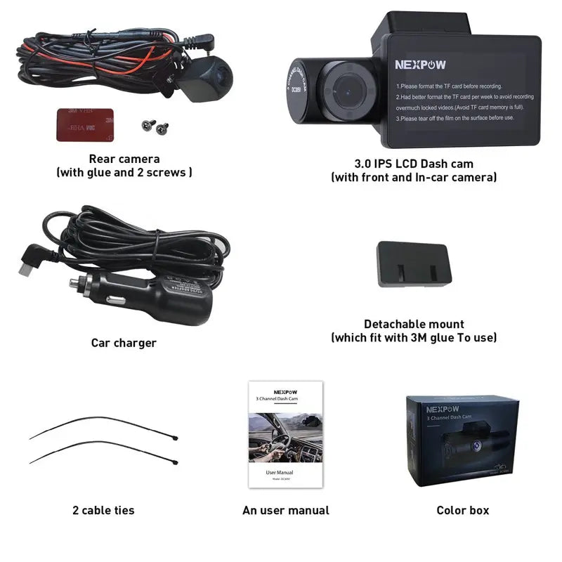 Nexpow 3 Channel 4K Front, Rear And Inside Dash Camera With 3 LCD Screen - DC305V