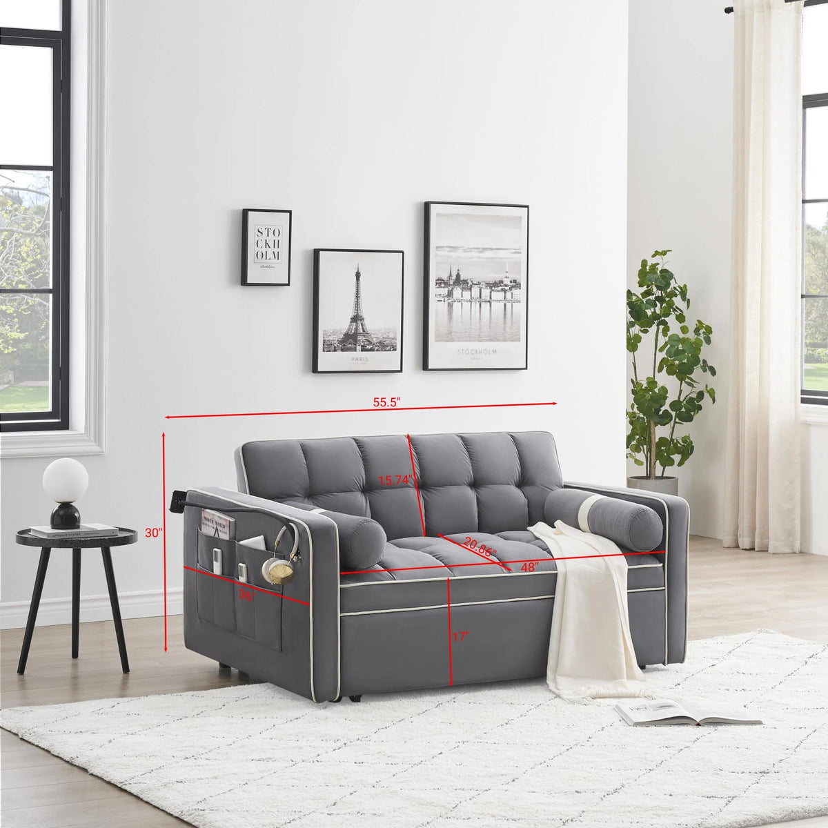 GNIXUU 3 In 1 Sleeper Sofa Couch Bed, Tufted Velvet Convertible Loveseat Futon, Gray, 55.5in