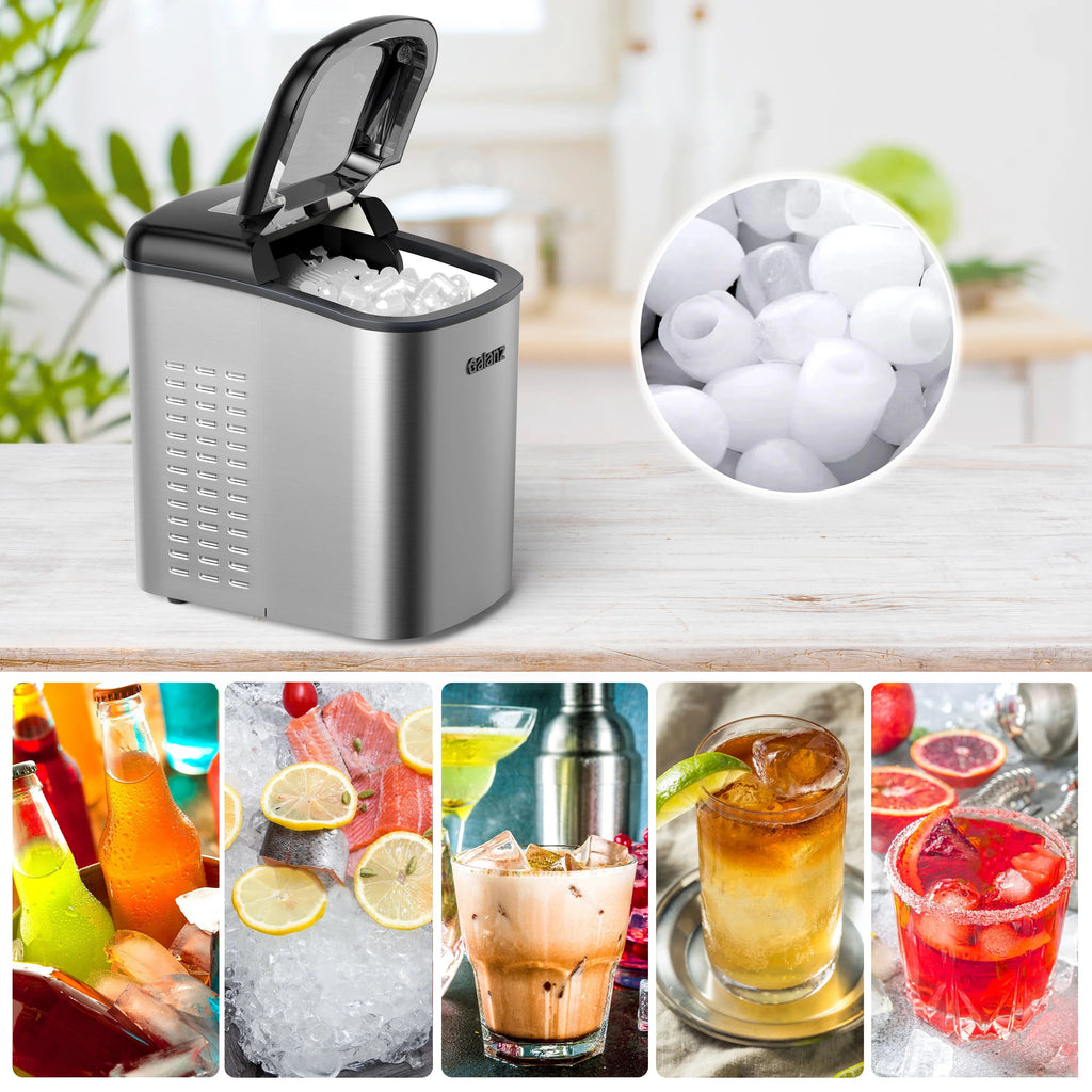 Galanz Portable Countertop Ice Maker, 26 lbs in 24 Hours, 9 Bullet Cubes in 9 Minutes, 2 Ice Sizes, 2.1 L, Retro Red