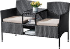 Flamaker Outdoor Wicker Patio Loveseat With Built-In Table And Cushions, Beige - 49.2 x 21.3 x 30.9 in