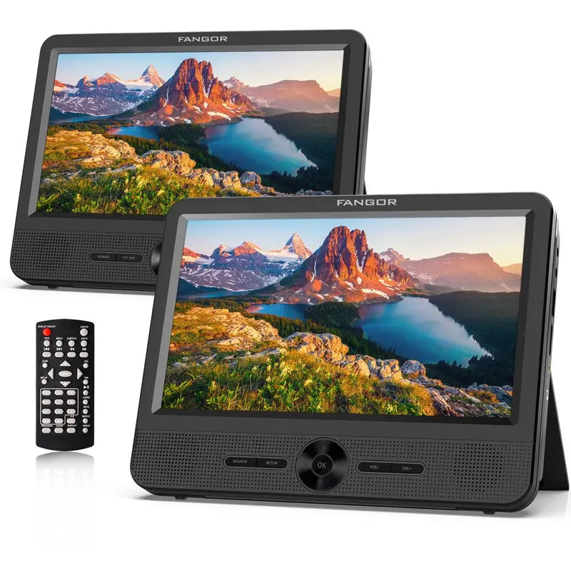 Fangor Dual Screen Portable Car DVD Player With 2 Headrest Brackets