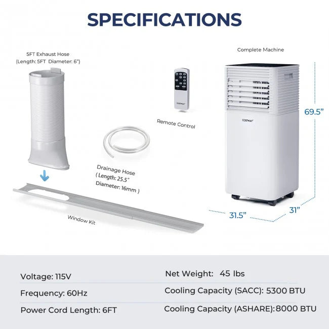 8000 BTU 3-in-1 Portable Air Conditioner With Dehumidifier And Fan Mode