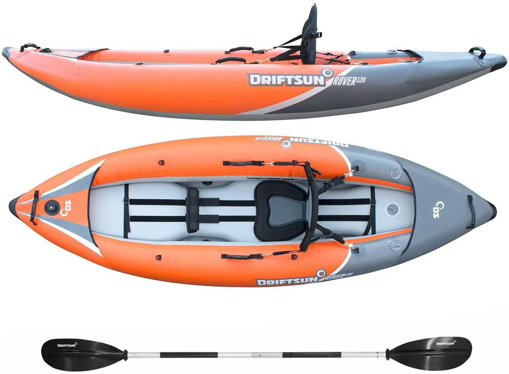 Inflatable Tandem Whitewater Kayak With High Pressure Floor, EVA Padded Seats, 120/220 - 8.5in x 36in x 13in