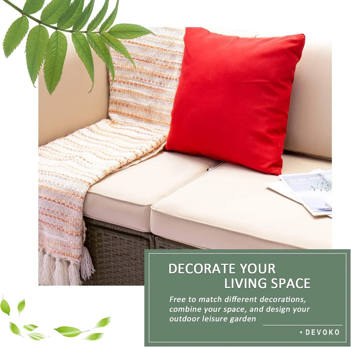 Devoko 5-Piece Outdoor Sectional Patio Sofa Set With Cushions And Glass Table - Beige