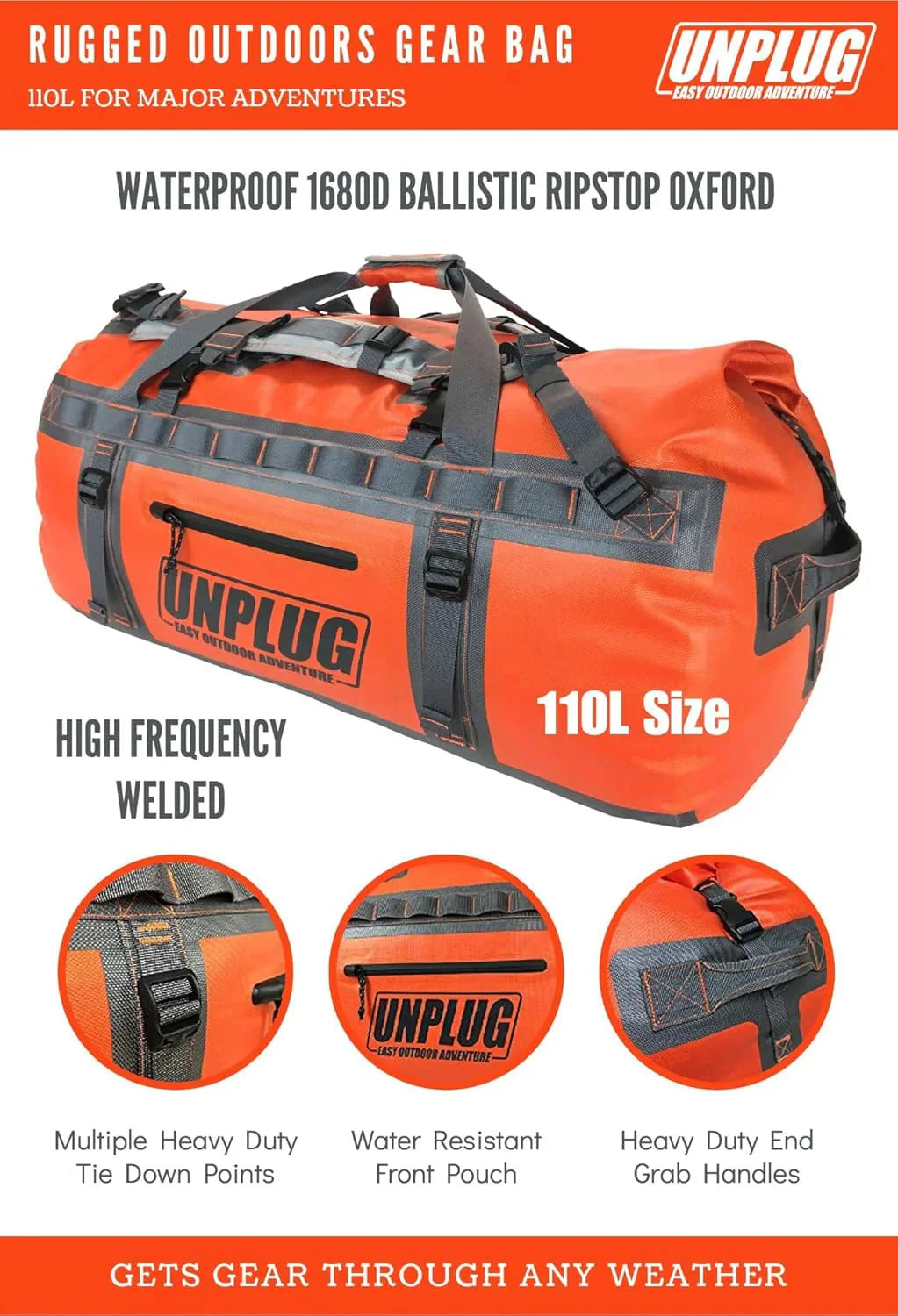UNPLUG Waterproof Duffel Backpack, 65L, Adventure Orange - 100000