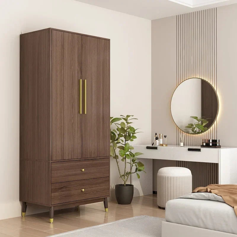 2-Door Wardrobe Closet Armoire With 2 Drawers And Clothes Rail - 70.9H x 31.5W x 19.1D