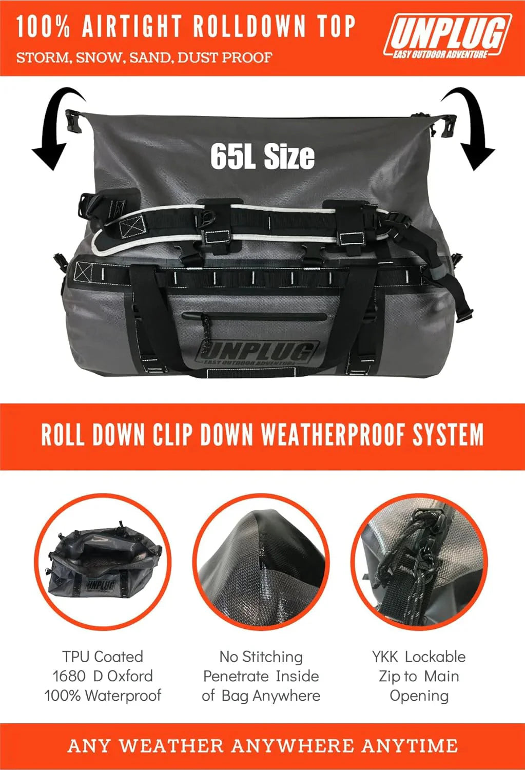 UNPLUG Waterproof Duffel Backpack, 65L, Adventure Orange - 100000