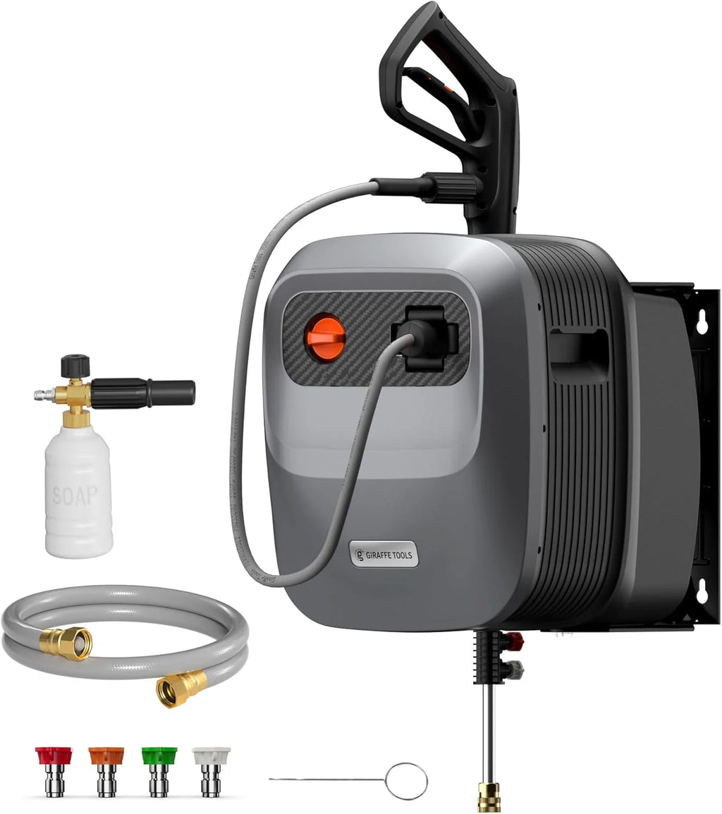 Giraffe Tools Wall-Mounted Pressure Washer, 2500 PSI, 2.2 GPM, 65 FT Hose, Dark Silver - G20 Pro