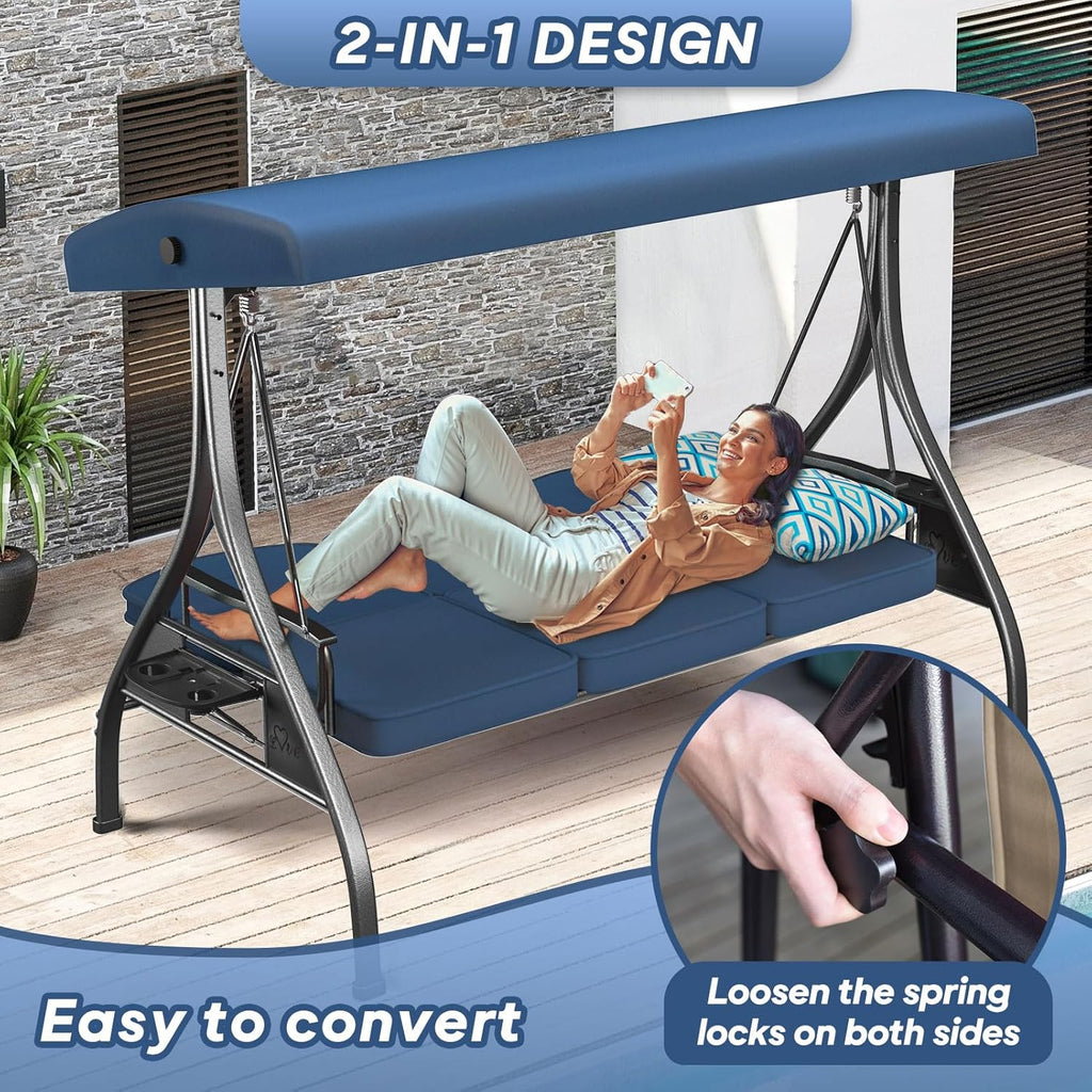 3-Seat Outdoor Patio Swing With Stand, 800 lbs, 2-in-1 Convertible Swing Bed, Adjustable Canopy