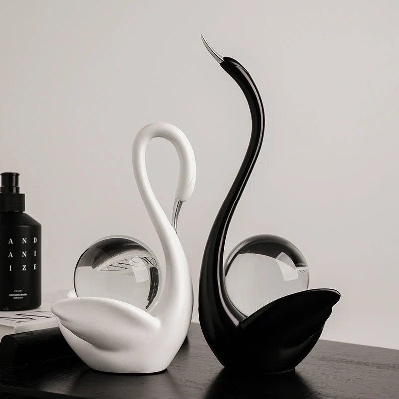 Ceramic Swan Figurine With Glass Sphere Decorative Sculpture
