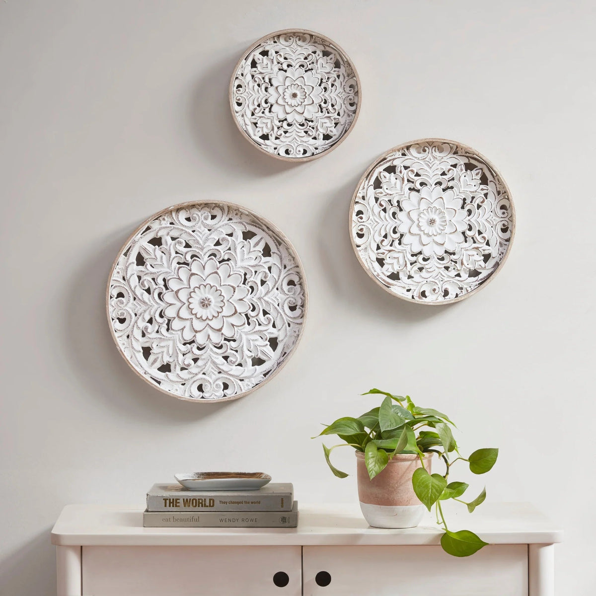 3-Piece Distressed White Floral Carved Fir Wood Wall Decor Set - Vintage Medallion