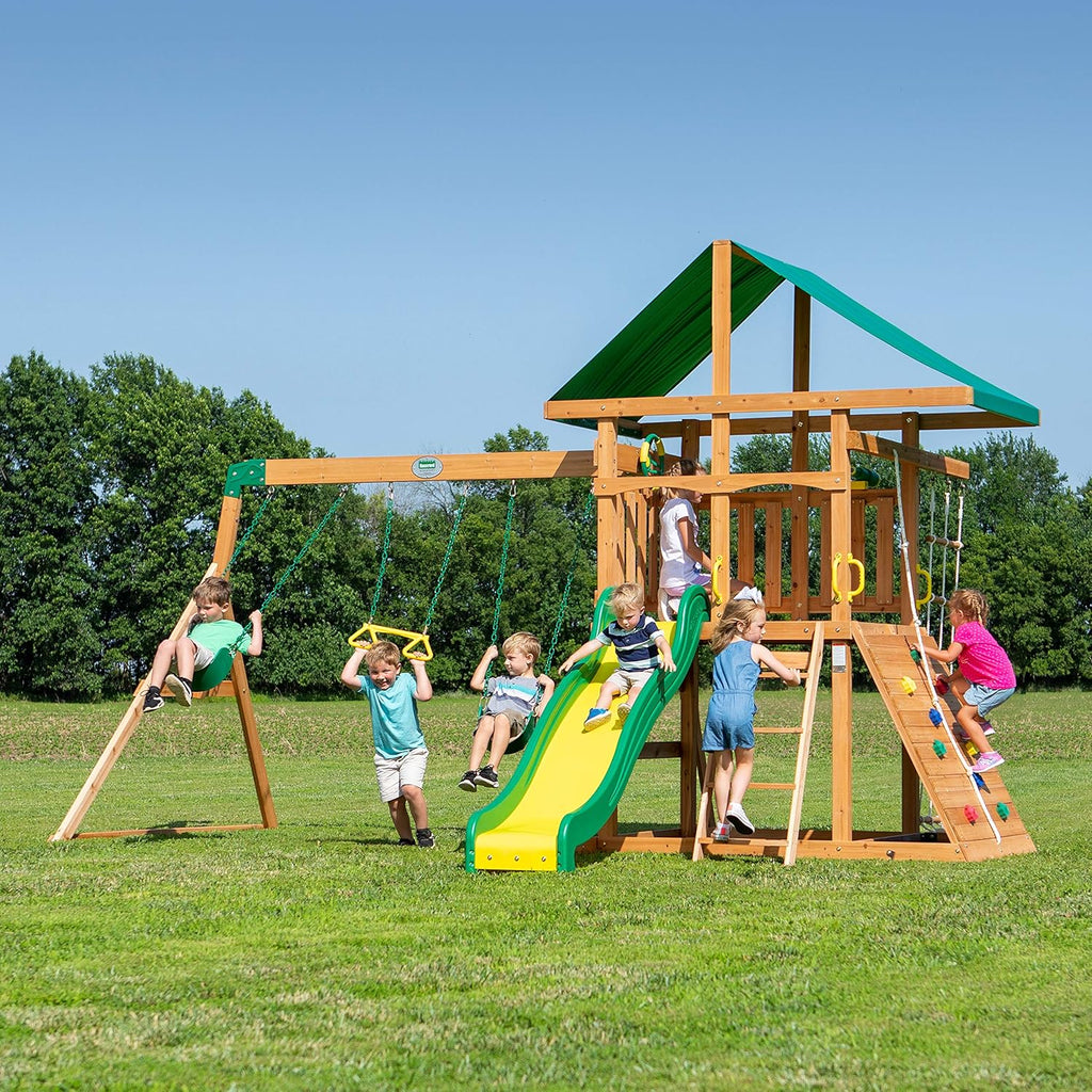 Backyard Discovery Mount Mckinley Cedar Wood Swing Set With Wave Slide, Play Deck And Sandbox Area