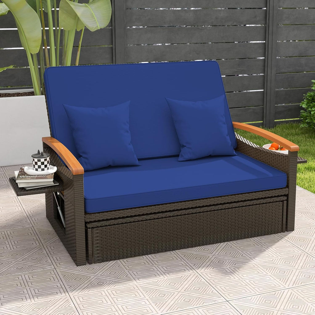 Moccha Outdoor Wicker Daybed Patio Rattan Loveseat Sofa With 4-Level Adjustable Backrest - Beige