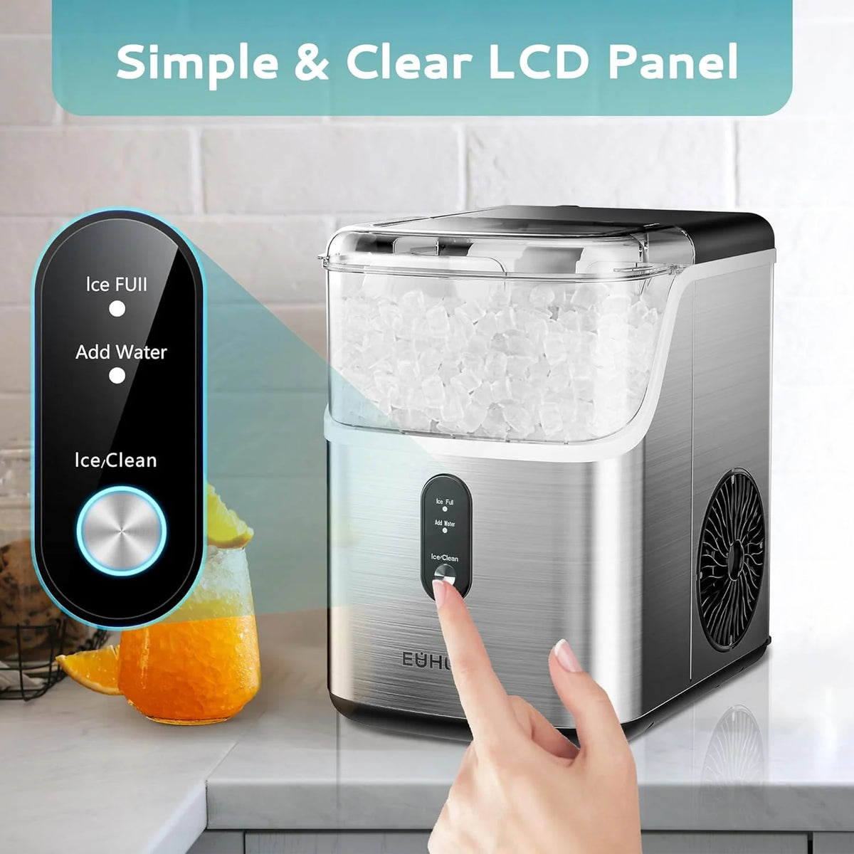Euhomy Countertop Nugget Ice Maker, 35 Pounds/24-Hour, 1.1L, Stainless Steel, Silver - 11.02in D x 9.06in W x 12.6in H