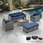 6-Piece PE Rattan Wicker Patio Conversation Set With Furniture Cover, Peacock Blue - Rattan Storage Table