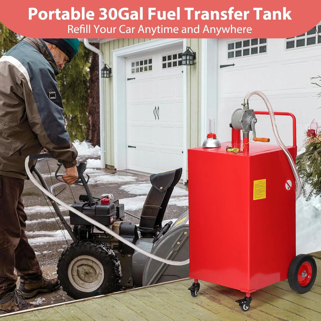 30 Gallon Stainless Steel Fuel Caddy With Manual Transfer Pump, 4-Wheel Design, Red