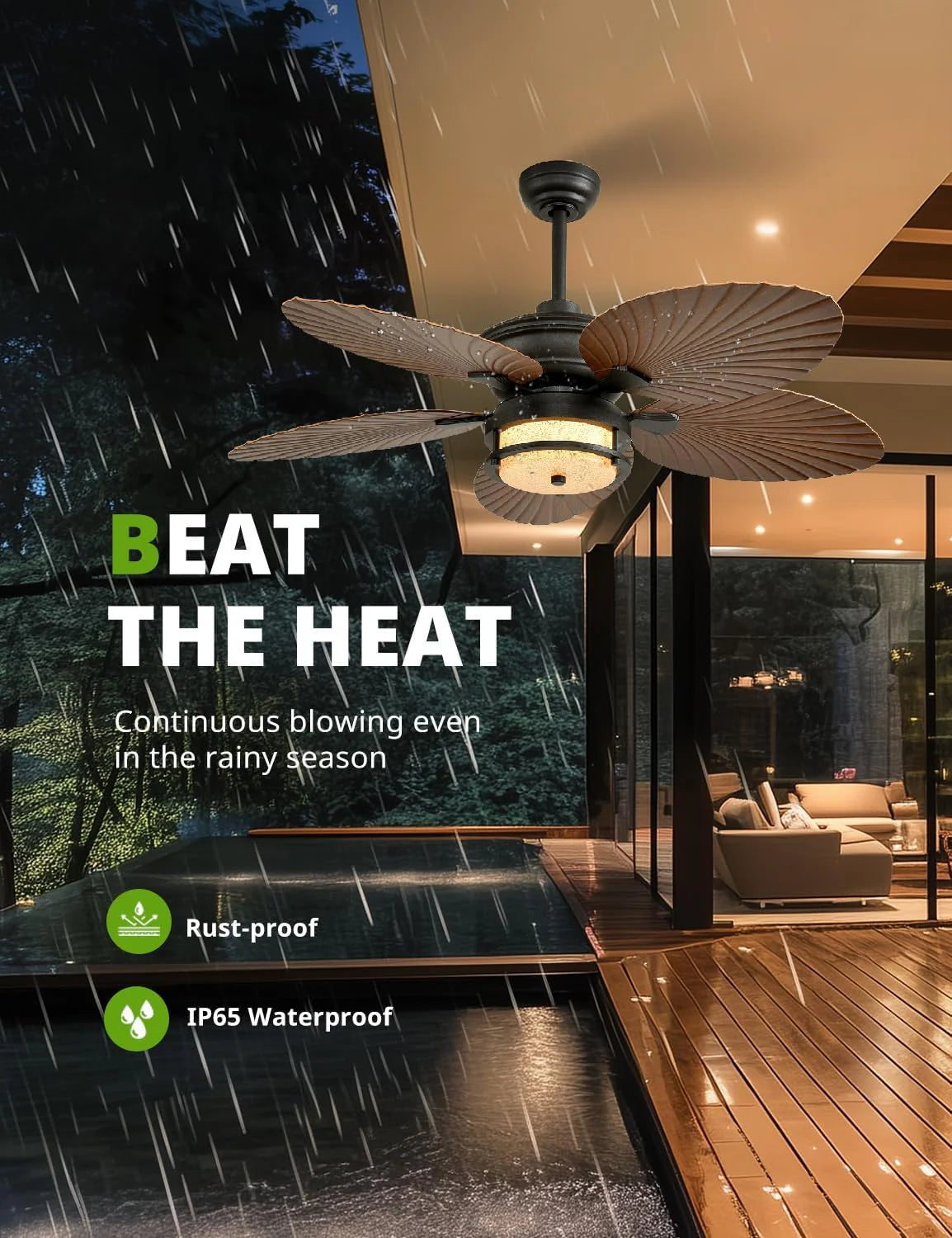 52-Inch Outdoor Tropical Palm Leaf Ceiling Fan With Plug-In Wall Mount
