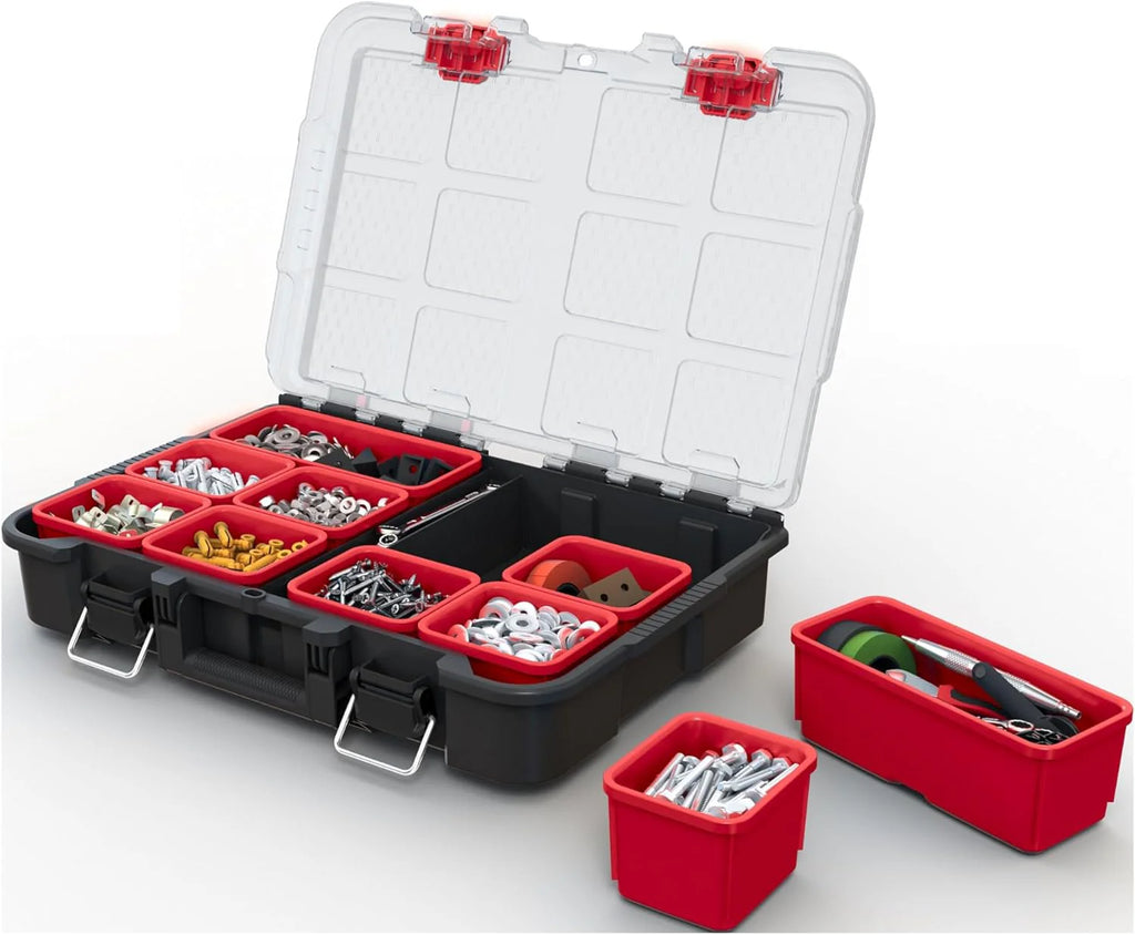 Keter Rolling Tool Box System, 3 Piece, Black/Red - 3 Piece Resin Modular Toolbox System