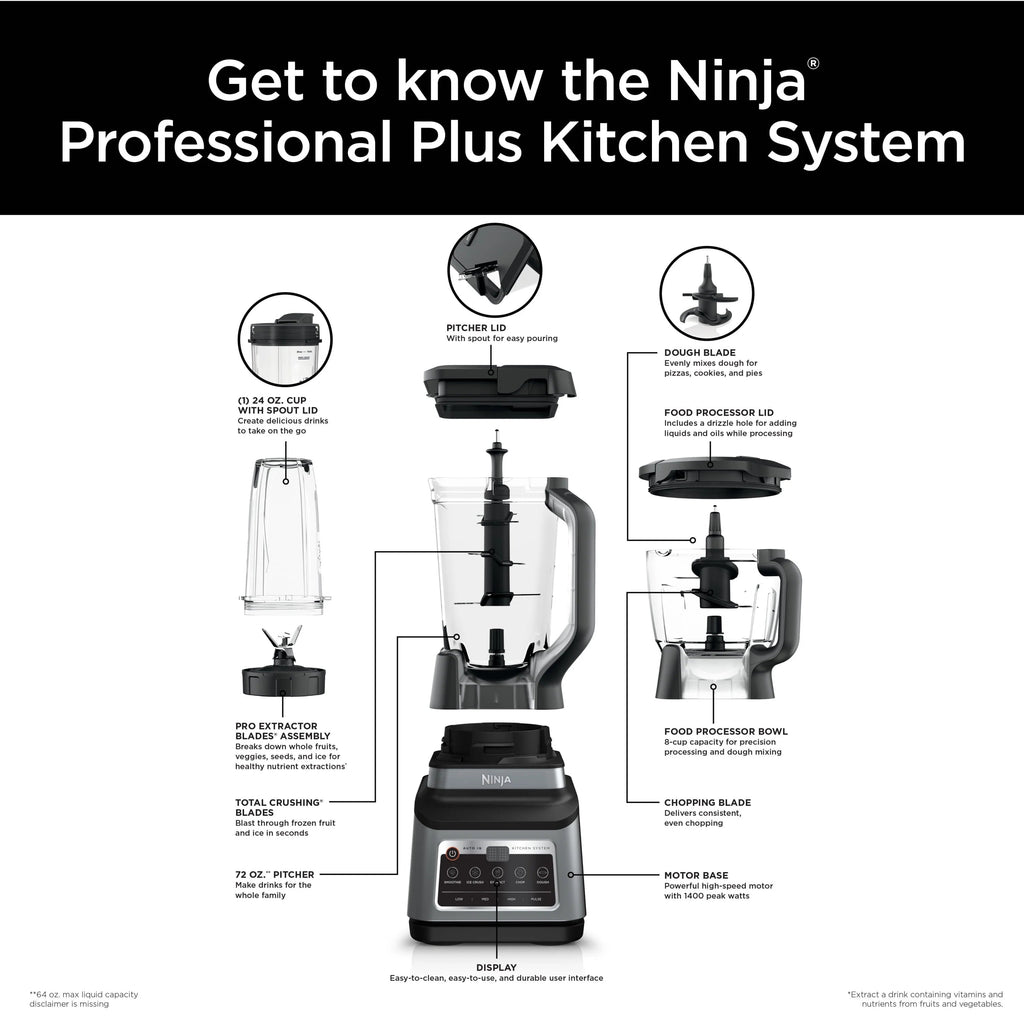 Ninja Professional Plus Kitchen System, 1400 Watts, 72 oz Blender Pitcher, 64 oz Processor Bowl, 24 oz To-Go Cups - BN800