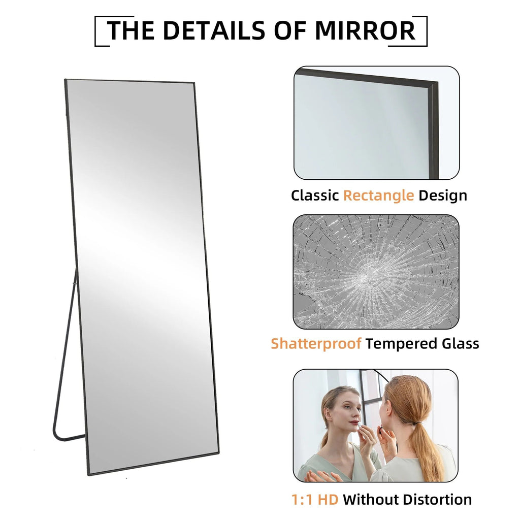 Full-Length Floor Mirror 64x21, Aluminum Alloy Frame With Stand And Wall Mount Option