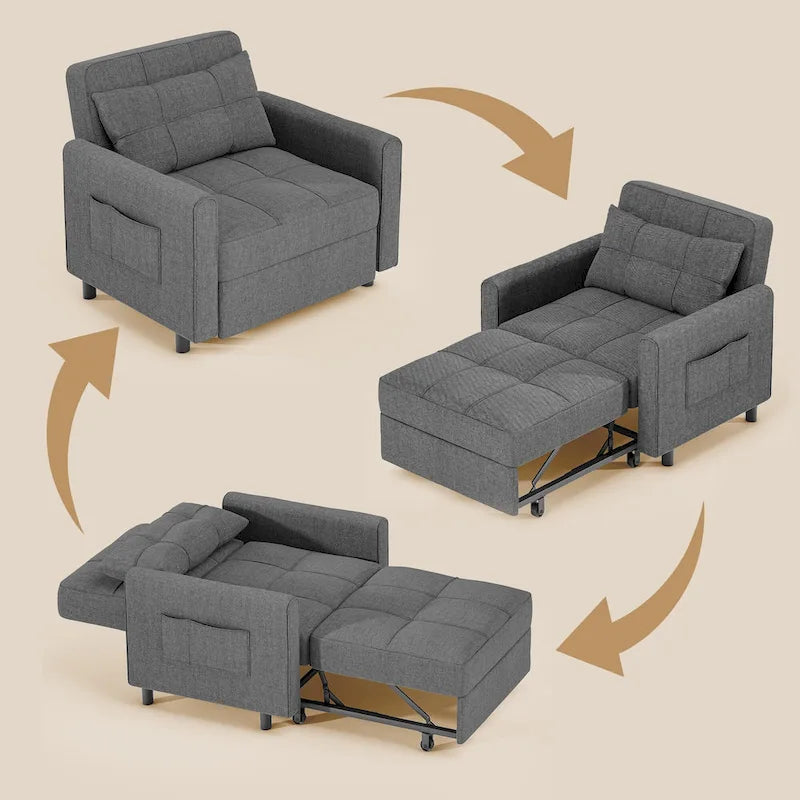 3-in-1 Pull-Out Sofa Bed Sleeper Chair, Adjustable Upholstered Lounge Couch