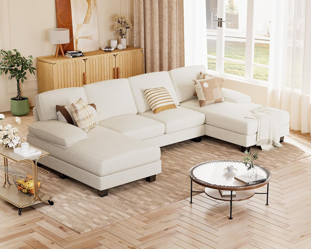 U-Shaped Sectional Sofa, 4 Seat Chenille Grey, 44.1in D x 110.2in W x 15.7in H