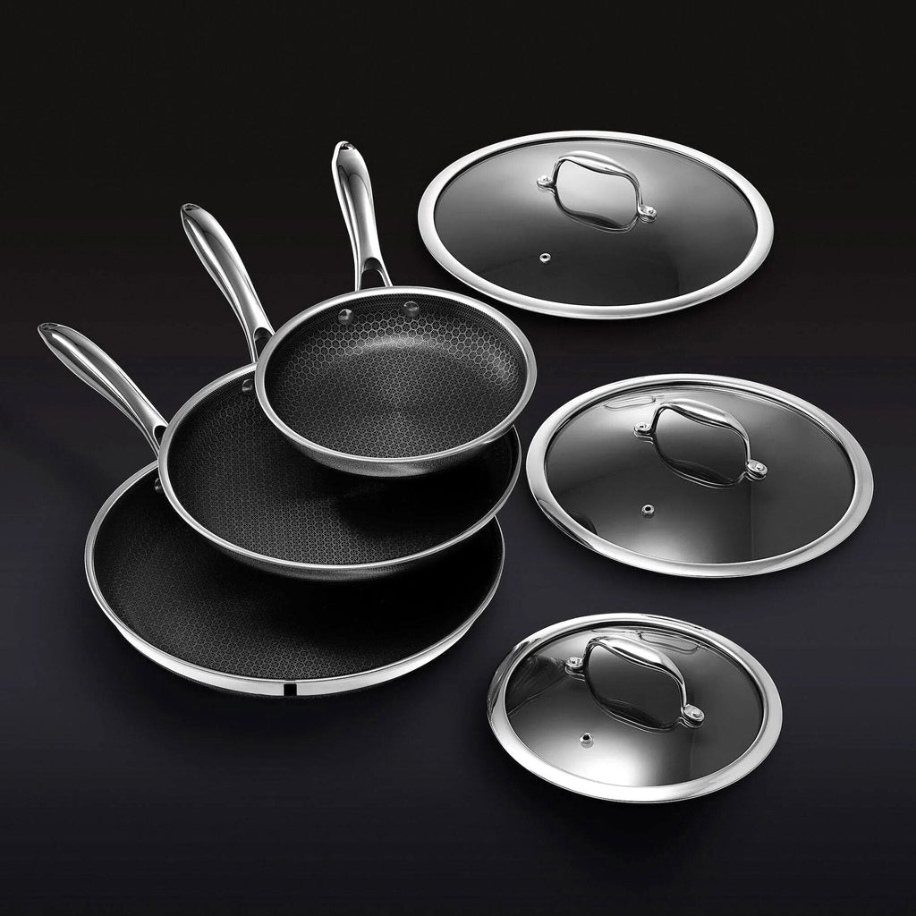 HexClad 6 Piece Hybrid Stainless Steel Cookware Pan Set, 8 inch, 10 inch, 12 inch With Glass Lids - Black