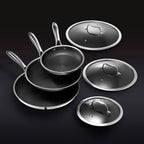 HexClad 6 Piece Hybrid Stainless Steel Cookware Pan Set, 8 inch, 10 inch, 12 inch With Glass Lids - Black