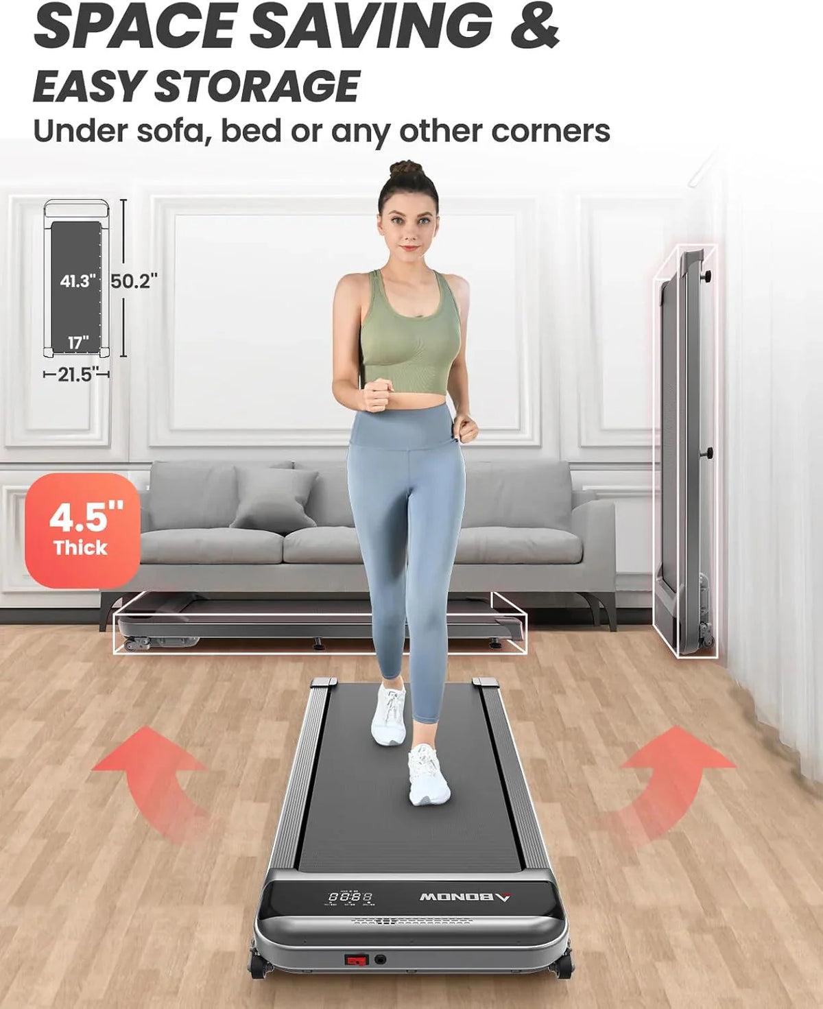 Abonow Under Desk Walking Pad Treadmill With 2.5HP Motor, 280 Lbs Capacity, 8% Incline