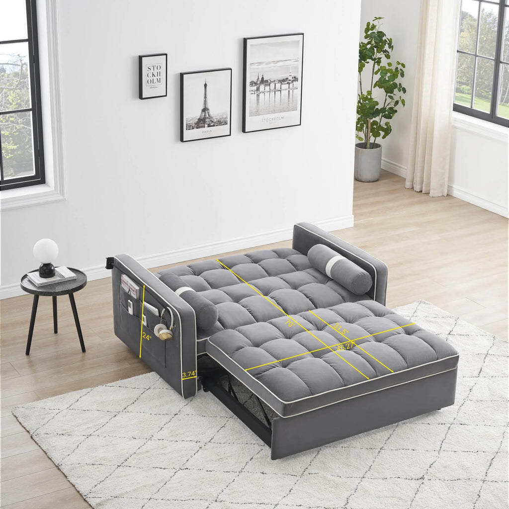 GNIXUU 3 In 1 Sleeper Sofa Couch Bed, Tufted Velvet Convertible Loveseat Futon, Gray, 55.5in