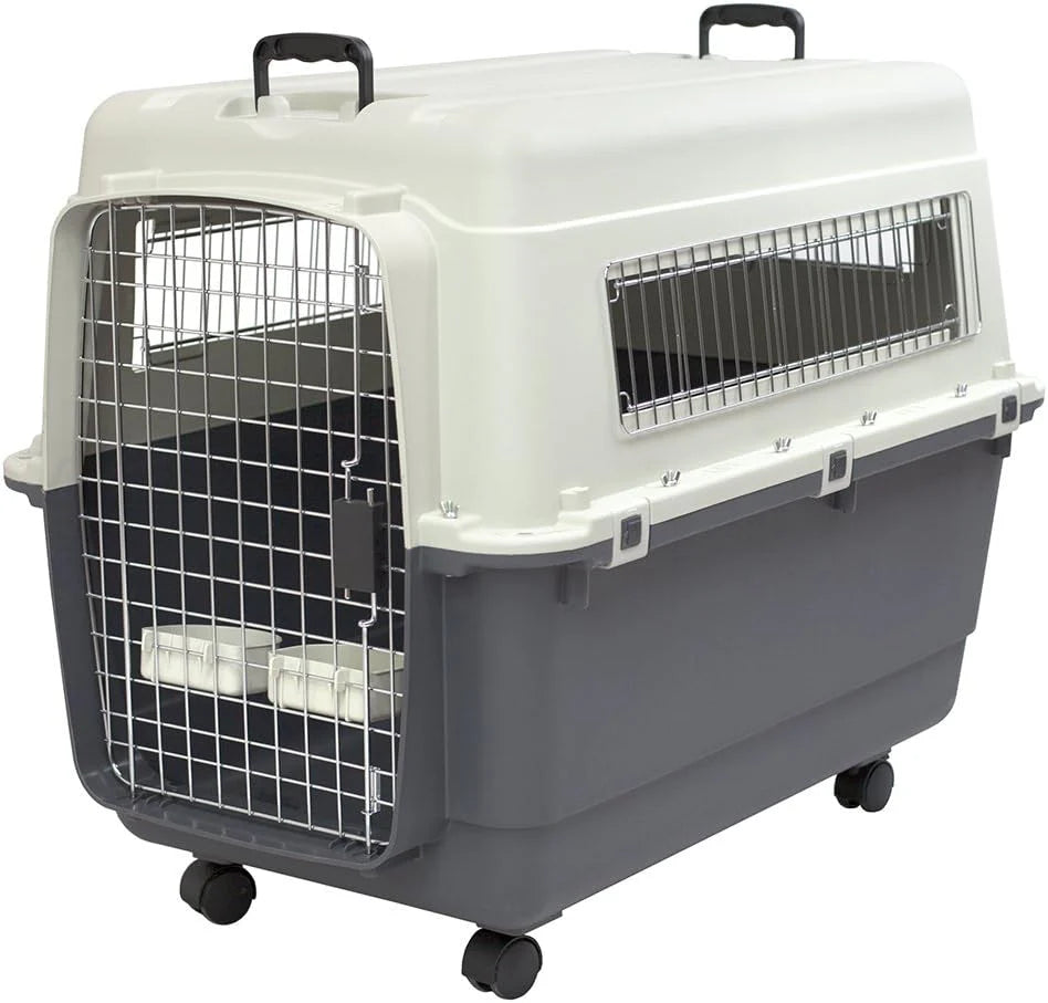 SportPet Designs Plastic Airline Approved Rolling Dog Kennel With Wire Door, XXX-Large, Gray, 48in L x 32in W x 36in H