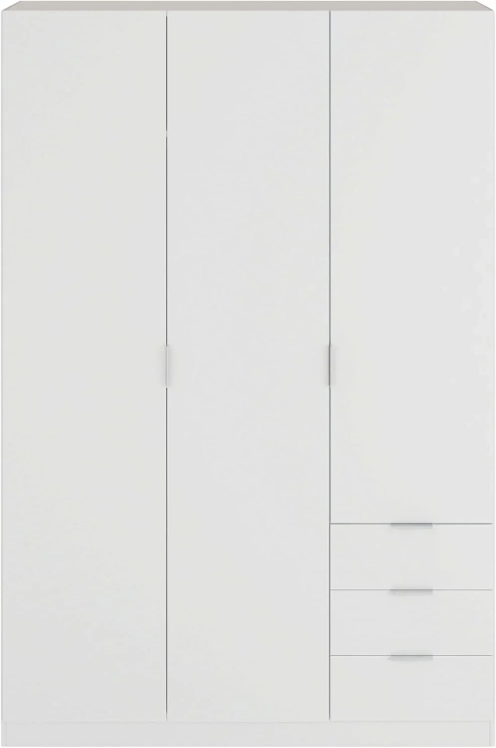 Habitdesign Three-Door Three-Drawer Wardrobe Closet, Artic White, 121 cm W x 180 cm H x 52 cm D