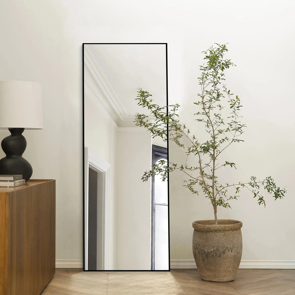 Full-Length Floor Mirror 64x21, Aluminum Alloy Frame With Stand And Wall Mount Option