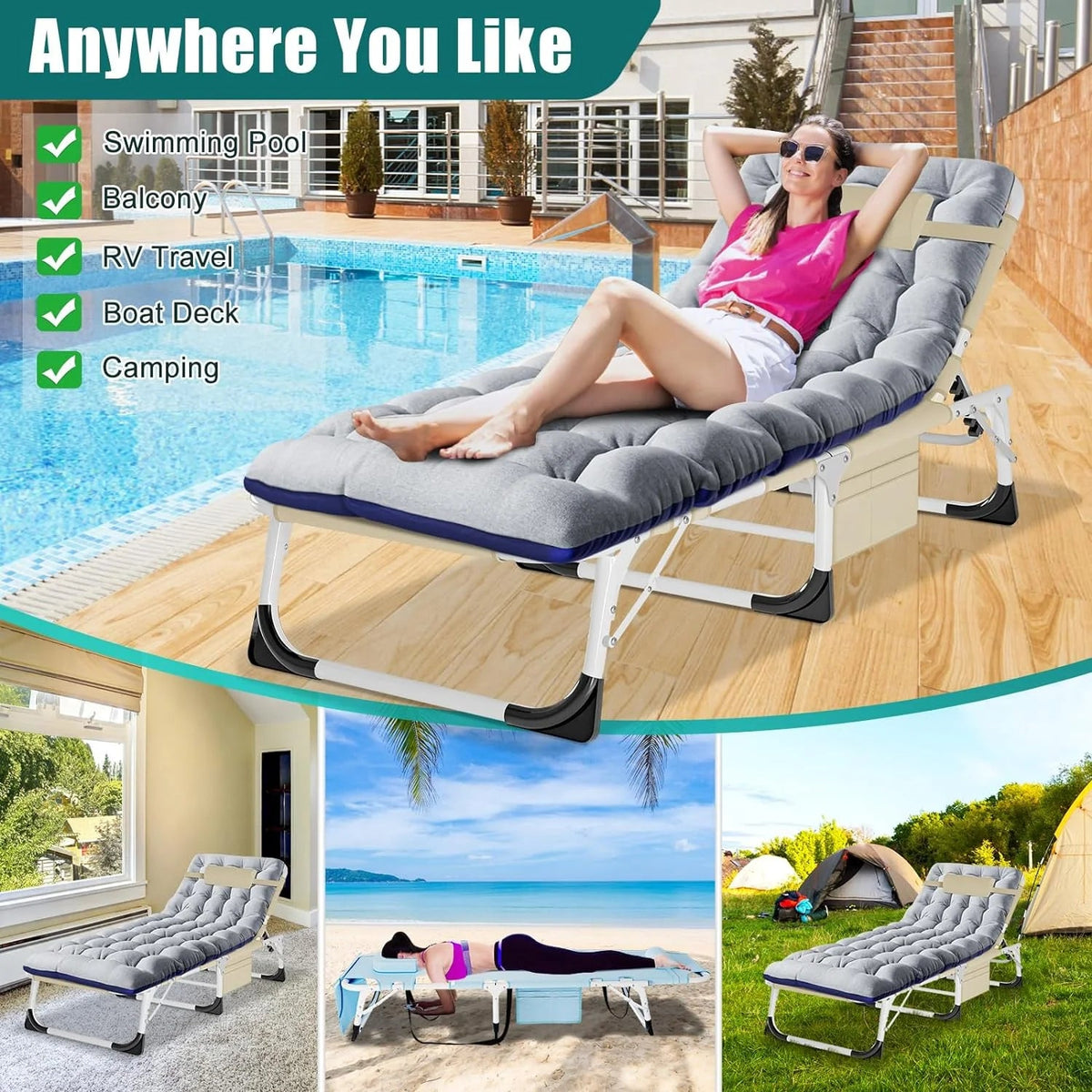 Slsy 5-Position Adjustable Folding Lounge Chair And Cot - 75.2" x 25.6" x 11.8"
