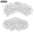 82.6 in L-Shaped Corded Velveteen Sectional Sleeper Sofa, Brown, USB Ports And Power Sockets - 82.6 in W x 82.6 in D x 33 in H