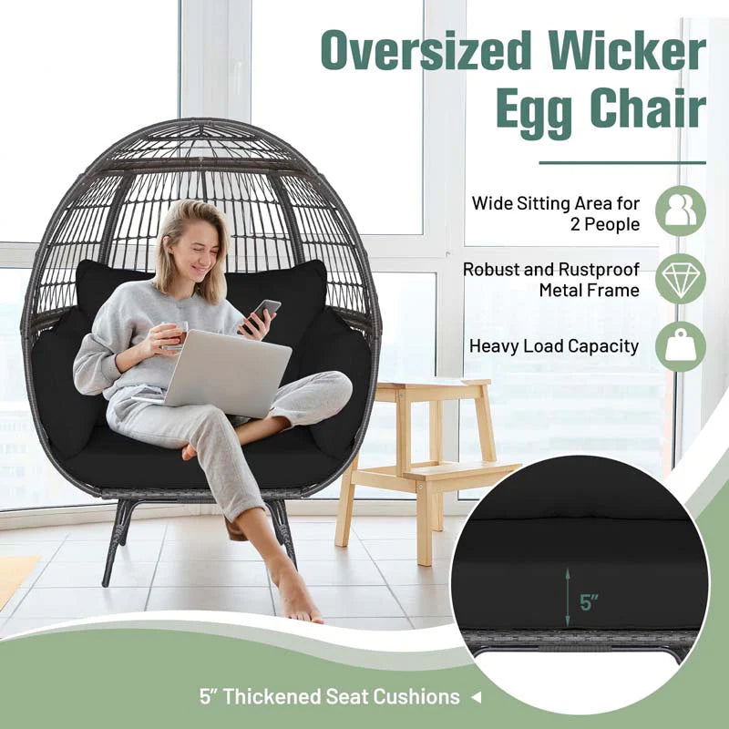 Oversized Wicker Egg Chair With 4 Cushions, 43 x 32.5 x 57 in