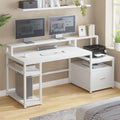 Computer Desk With 5 Drawers, Power Outlet, File Drawer, Storage Shelves, Printer Cabinet And LED Lights - White