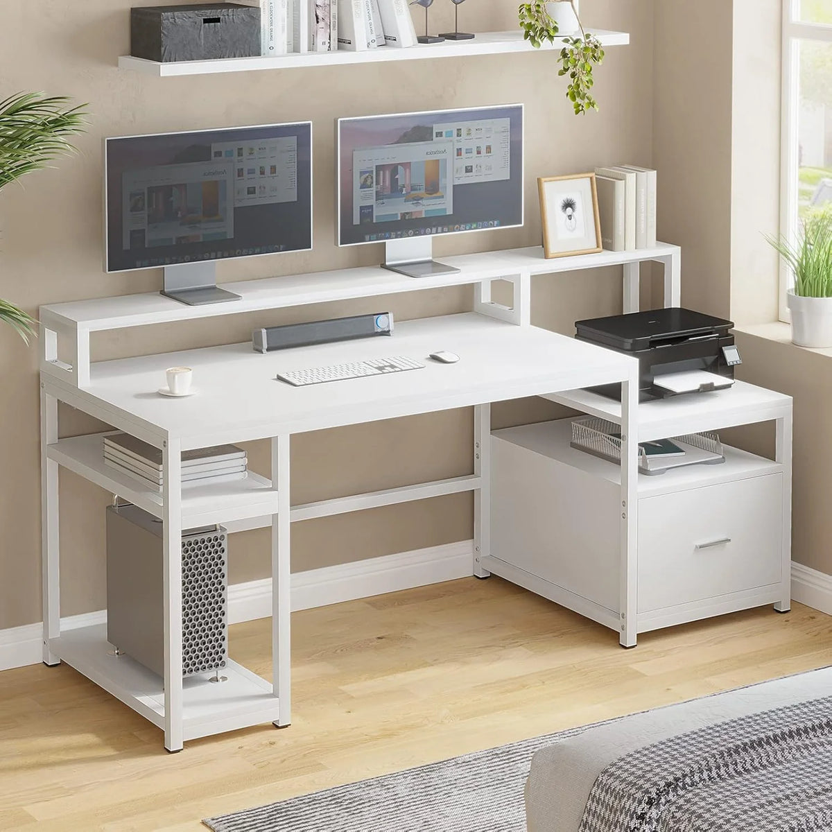 Computer Desk With 5 Drawers, Power Outlet, File Drawer, Storage Shelves, Printer Cabinet And LED Lights - White