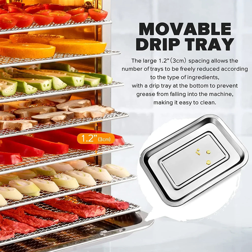 Food Dehydrator, 8 Tiers, 500W Stainless Steel, 30~90C, 24hr Digital Timer