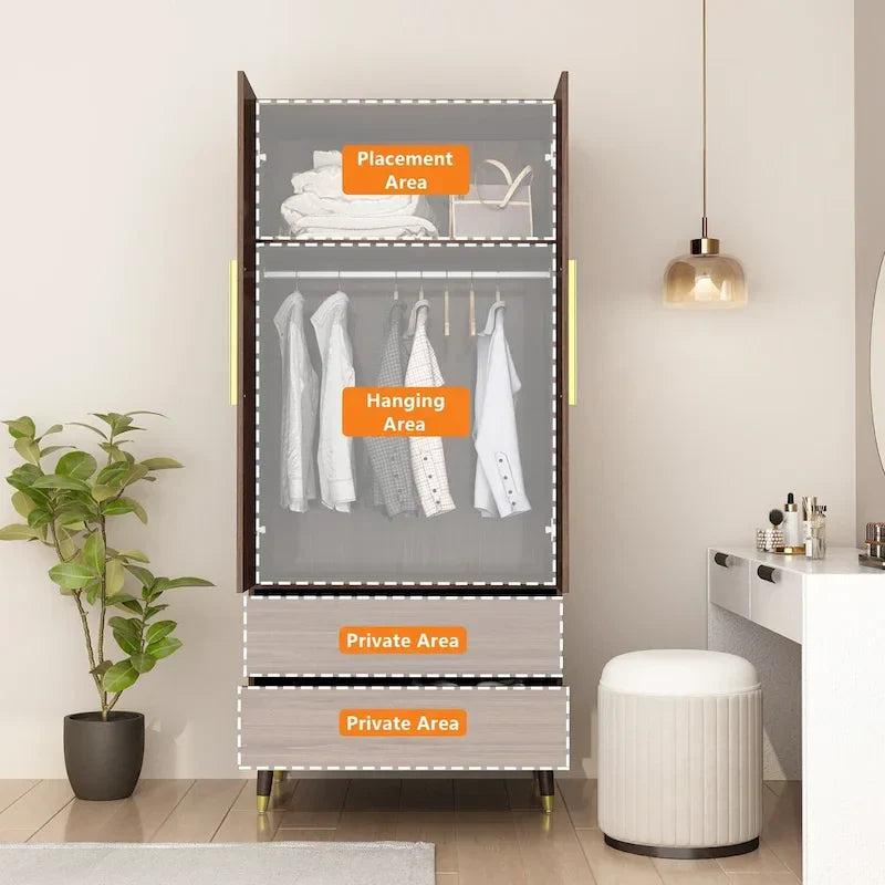 2-Door Wardrobe Closet Armoire With 2 Drawers And Clothes Rail - 70.9H x 31.5W x 19.1D
