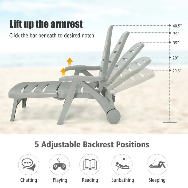 Rolling Folding Plastic Pool Lounge Chair With Armrests, 5 Position - Patio Deck Beach Chair