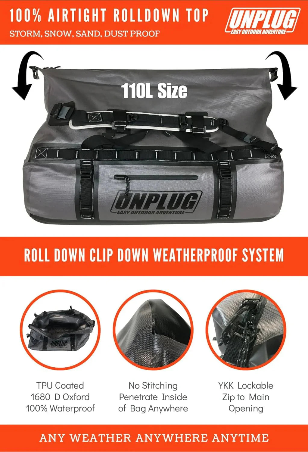 UNPLUG Waterproof Duffel Backpack, 65L, Adventure Orange - 100000