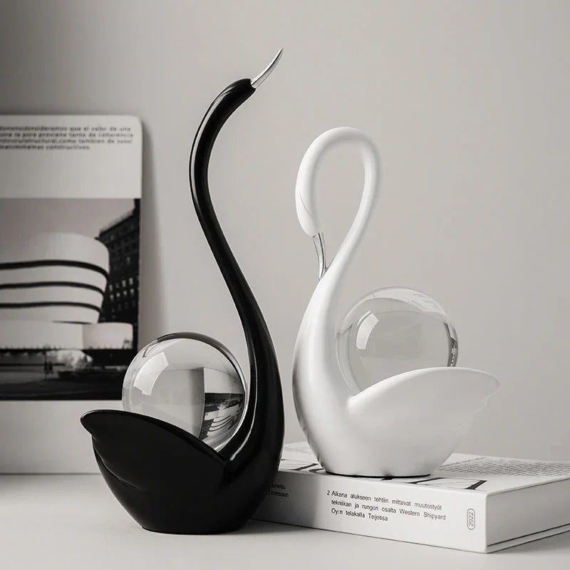 Ceramic Swan Figurine With Glass Sphere Decorative Sculpture