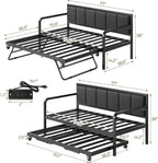 Rolanstar Twin Height-Adjustable Metal Daybed With Trundle, Charging Station And LED Lights