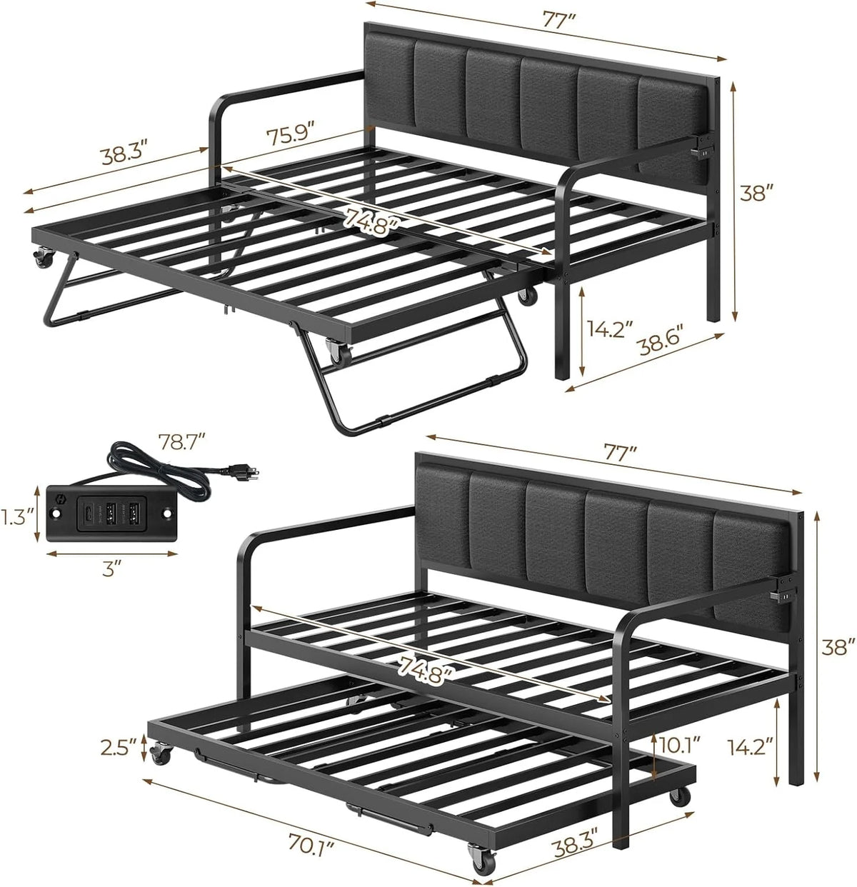 Rolanstar Twin Height-Adjustable Metal Daybed With Trundle, Charging Station And LED Lights