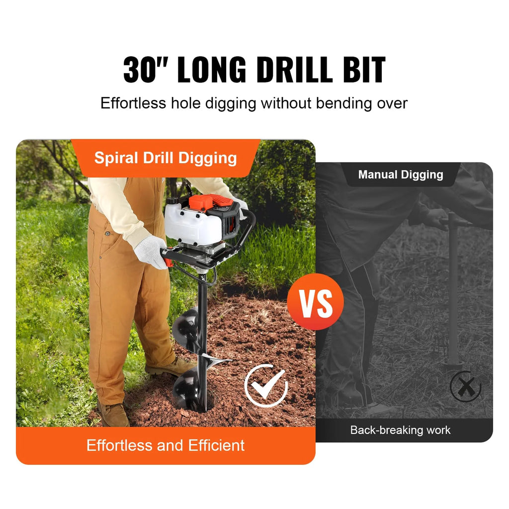 VEVOR 52CC 1450W Fuel-Powered Post Hole Auger With 6in And 10in Bits - D52-F