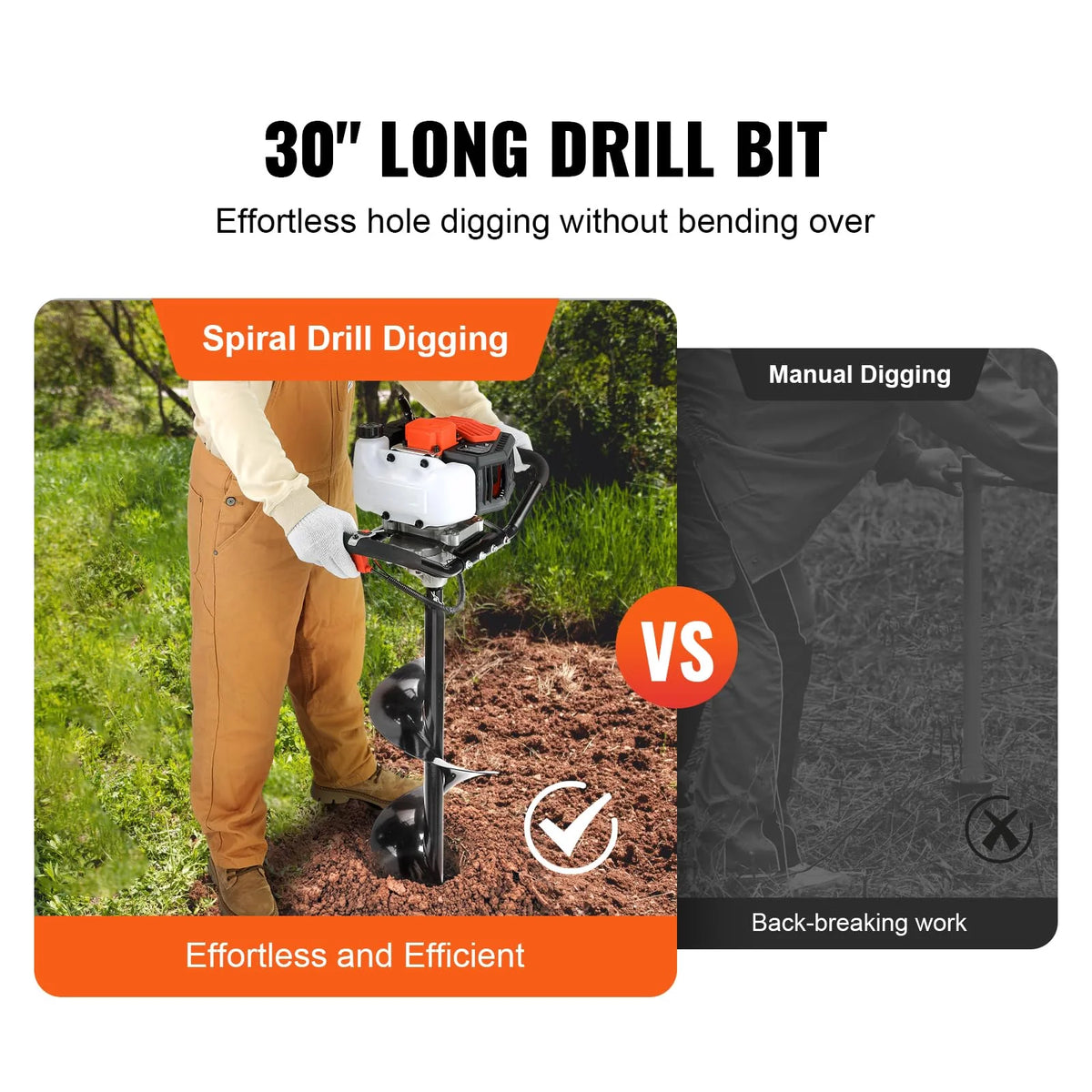 VEVOR 52CC 1450W Fuel-Powered Post Hole Auger With 6in And 10in Bits - D52-F