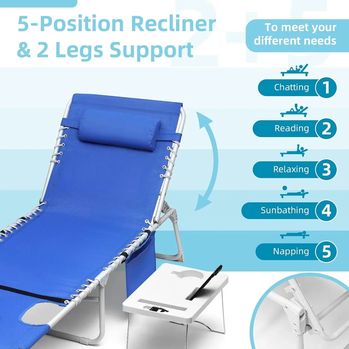Yestomo 3-in-1 Outdoor Sun Tanning Lounge Chair, Blue, 330lbs Capacity