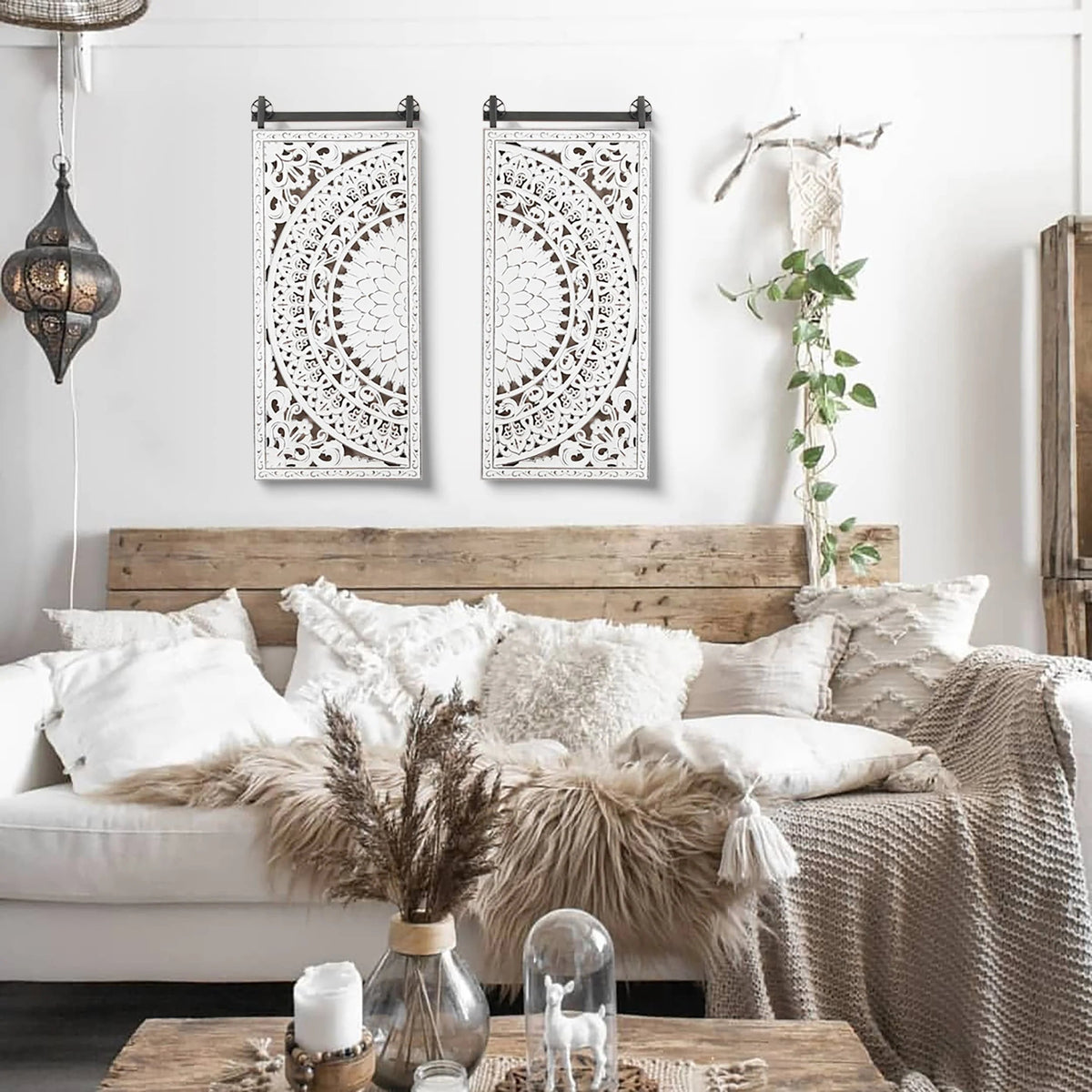 Set Of 2 Distressed Ivory White Wood Flower Wall Art With Black Accents - 33.1in H x 14.6in W