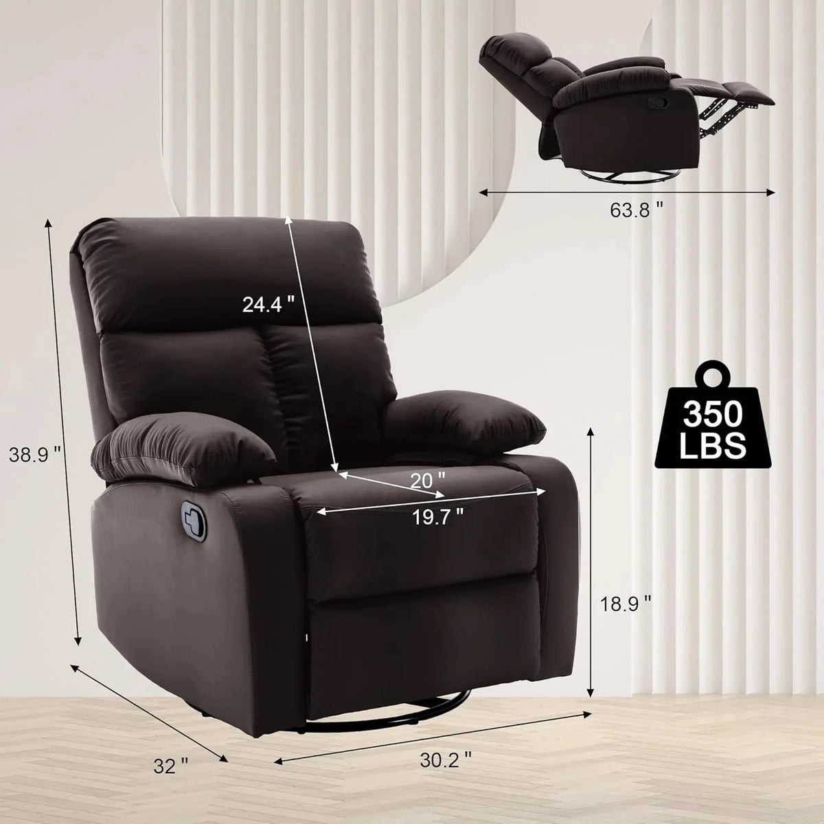Swivel Rocker Recliner Chair For Compact Spaces - 32in D x 30.2in W x 38.9in H